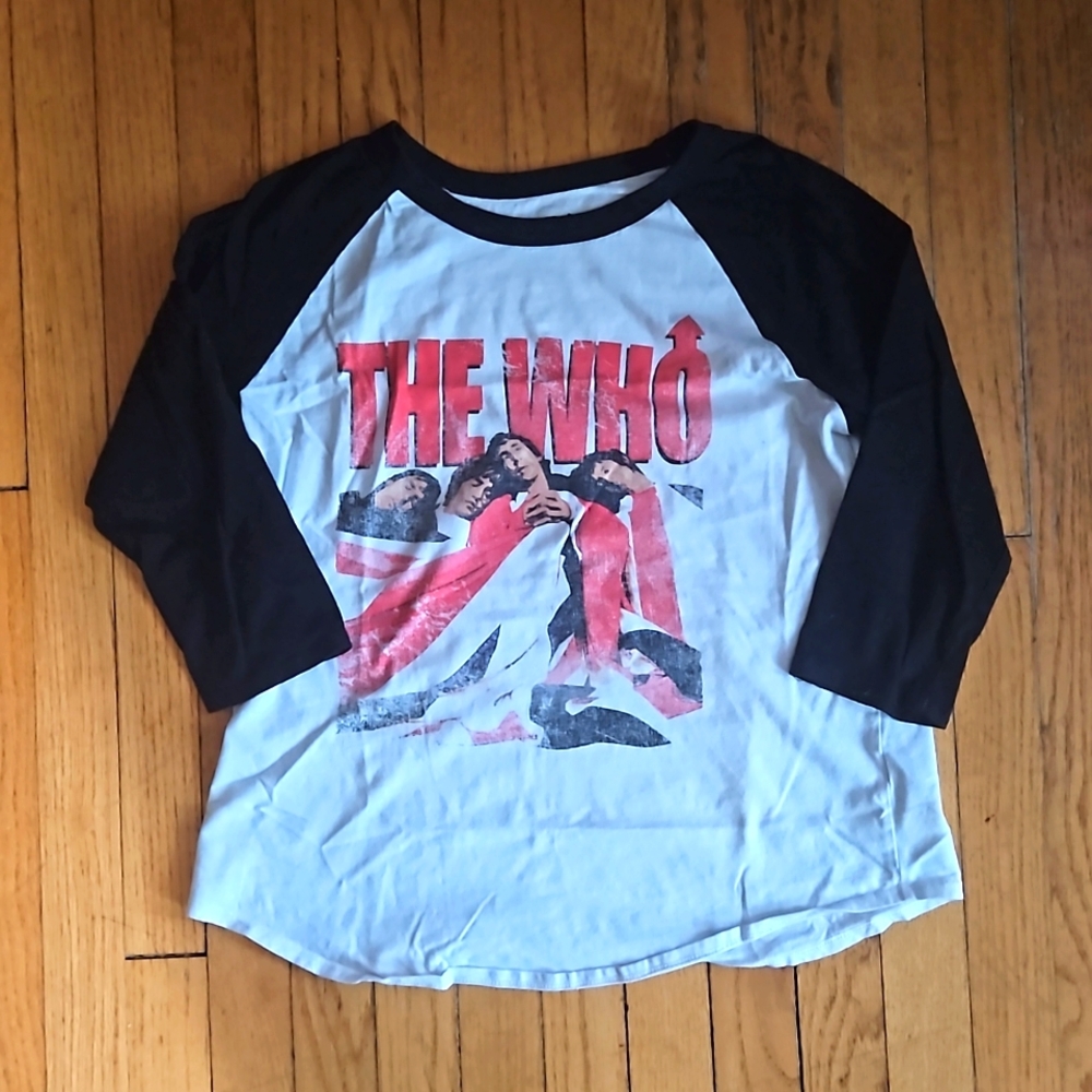 The Who band tee, 1989 tour, baseball 3/4 sleeve, ladies size L, white/black